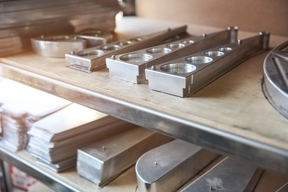 Aluminiowe elementy na półce warsztatowej z gniazdami, przygotowane do montażu stolarki aluminiowej