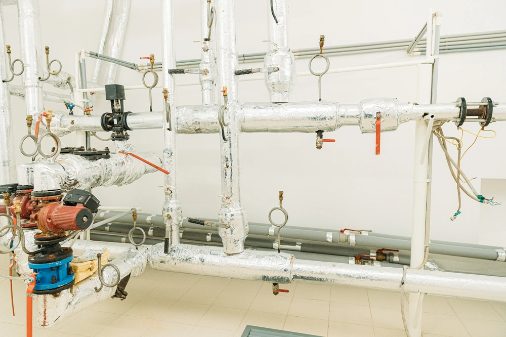 Instalacje hydrauliczne: izolowane rurociągi z zaworami i pompą w pomieszczeniu technicznym