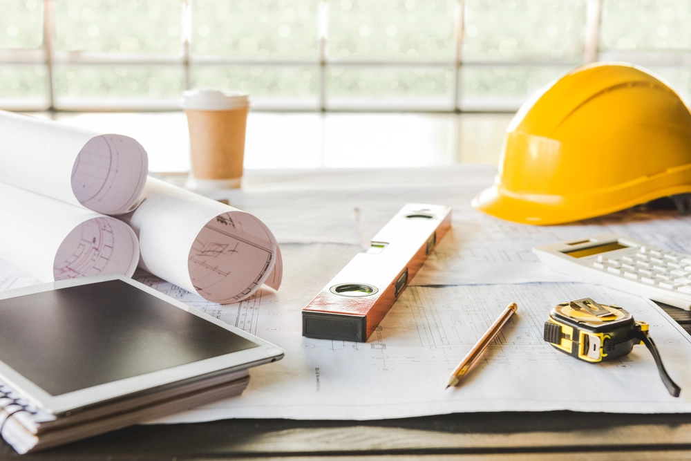 Rzuty architektoniczne z poziomicą, taśmą mierniczą i kaskiem na stole – Zarządzanie projektami budowlanymi