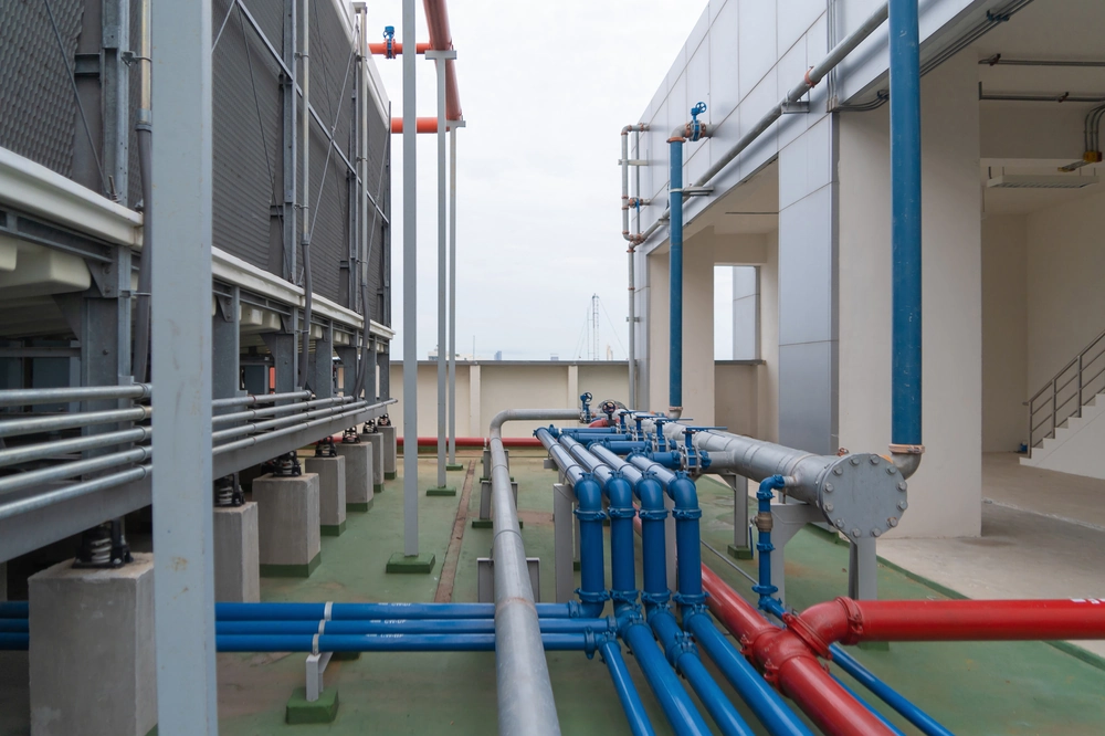 Instalacja HVAC na dachu budynku z kolorowymi rurami niebieskimi, czerwonymi i szarymi oraz rozdzielaczami