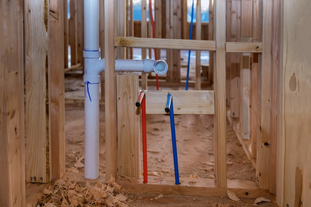 Montaż instalacji hydraulicznej – rury PEX czerwone i niebieskie oraz pion kanalizacyjny w drewnianej konstrukcji